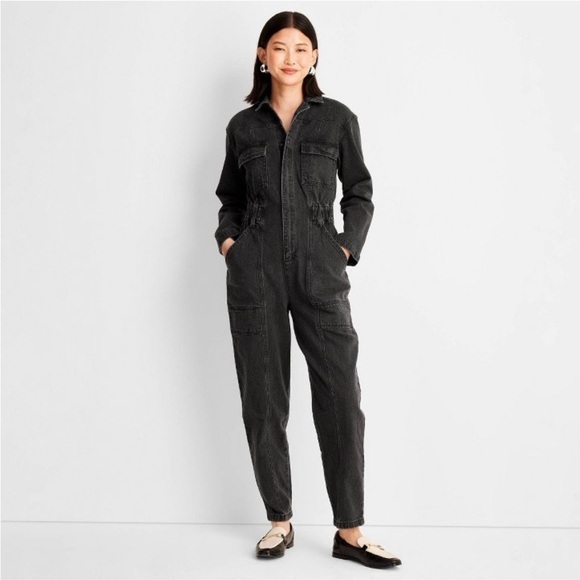 NWOT Women's Long Sleeve Denim Jumpsuit - Universal Thread Washed Black 00 - Picture 4 of 8